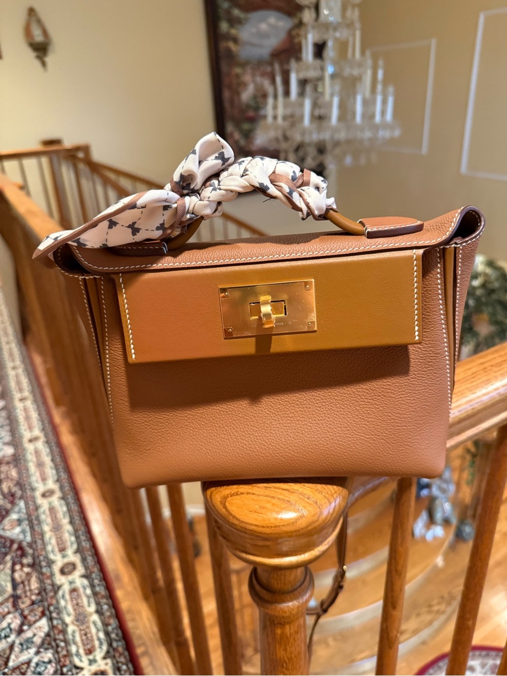 Structured Tan Leather Top-Handle Satchel with Scarf Accent with adj strap
